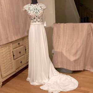 Illusion lace bodice chiffon skirt wedding dress Sz 6